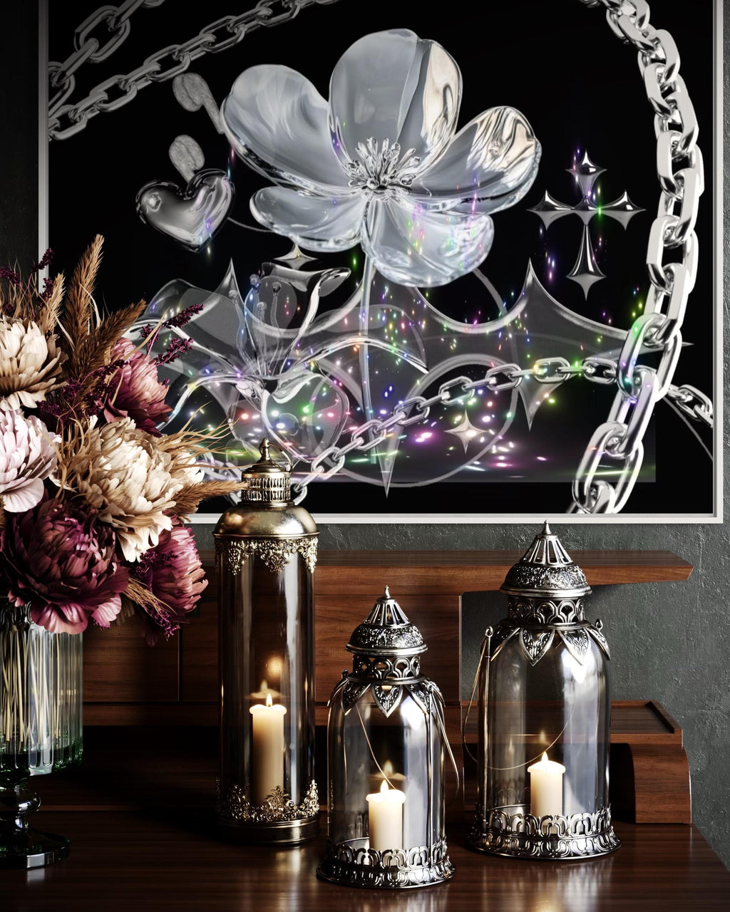 Holographic Glass Flower Wall Art Set | Iridescent Digital Prints | Commercial Use License