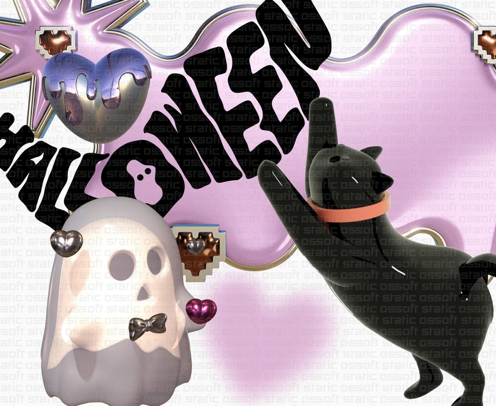 Y2K Kawaii Halloween Ghost Boo Cat PNG Bundle ♡ 3D Download 2025